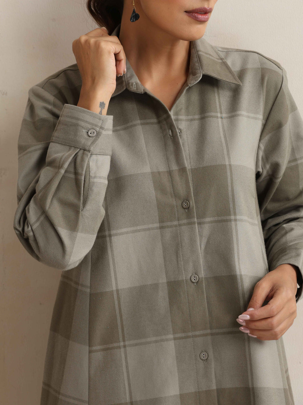 trueBrowns Green Check Flared Winter Dress - Distacart