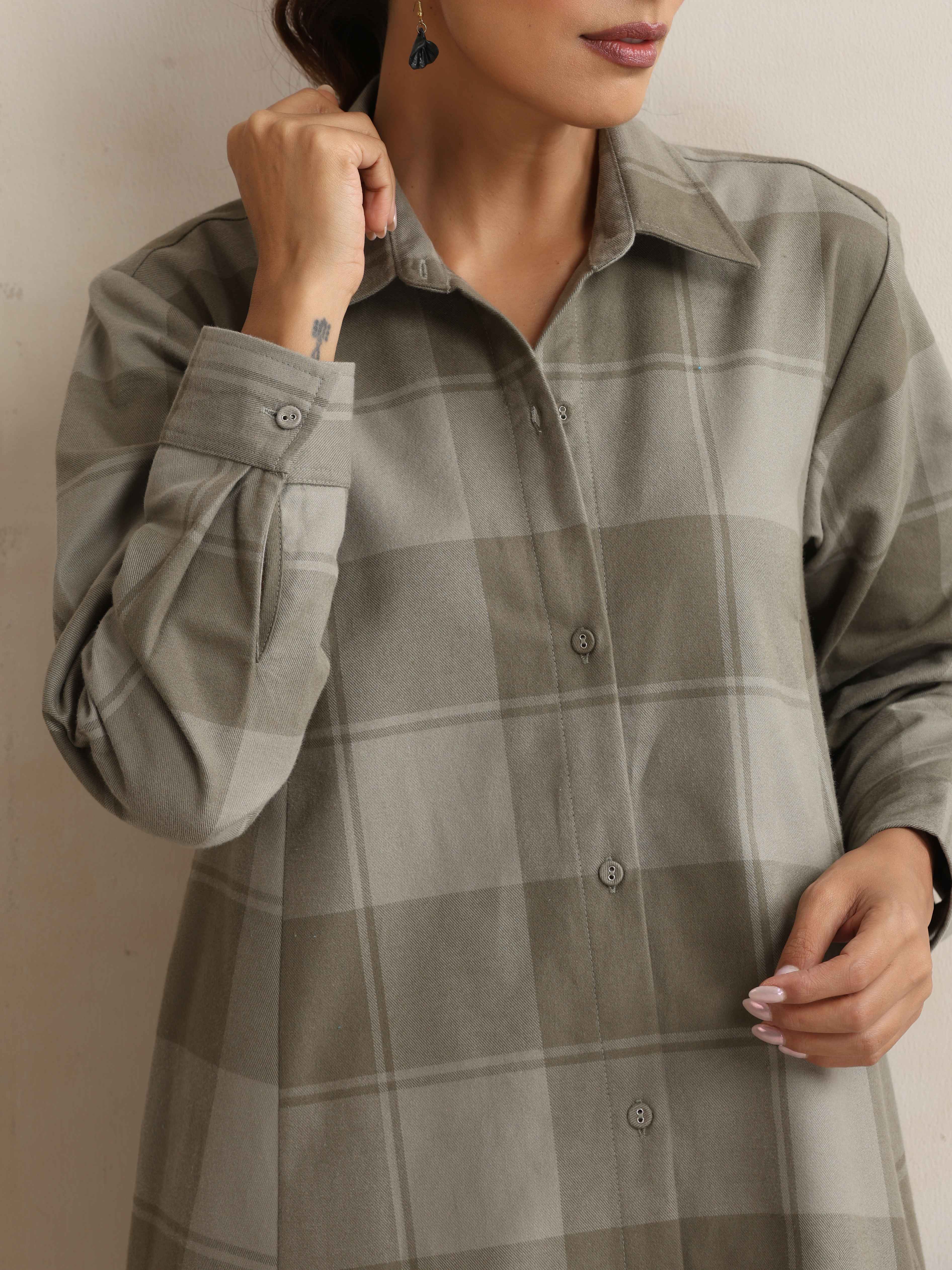 trueBrowns Green Check Flared Winter Dress - Distacart