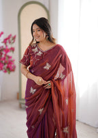Evanik Rust Mos Silk With Handwork Butterfly Design Saree With Unstitched Blouse - Distacart