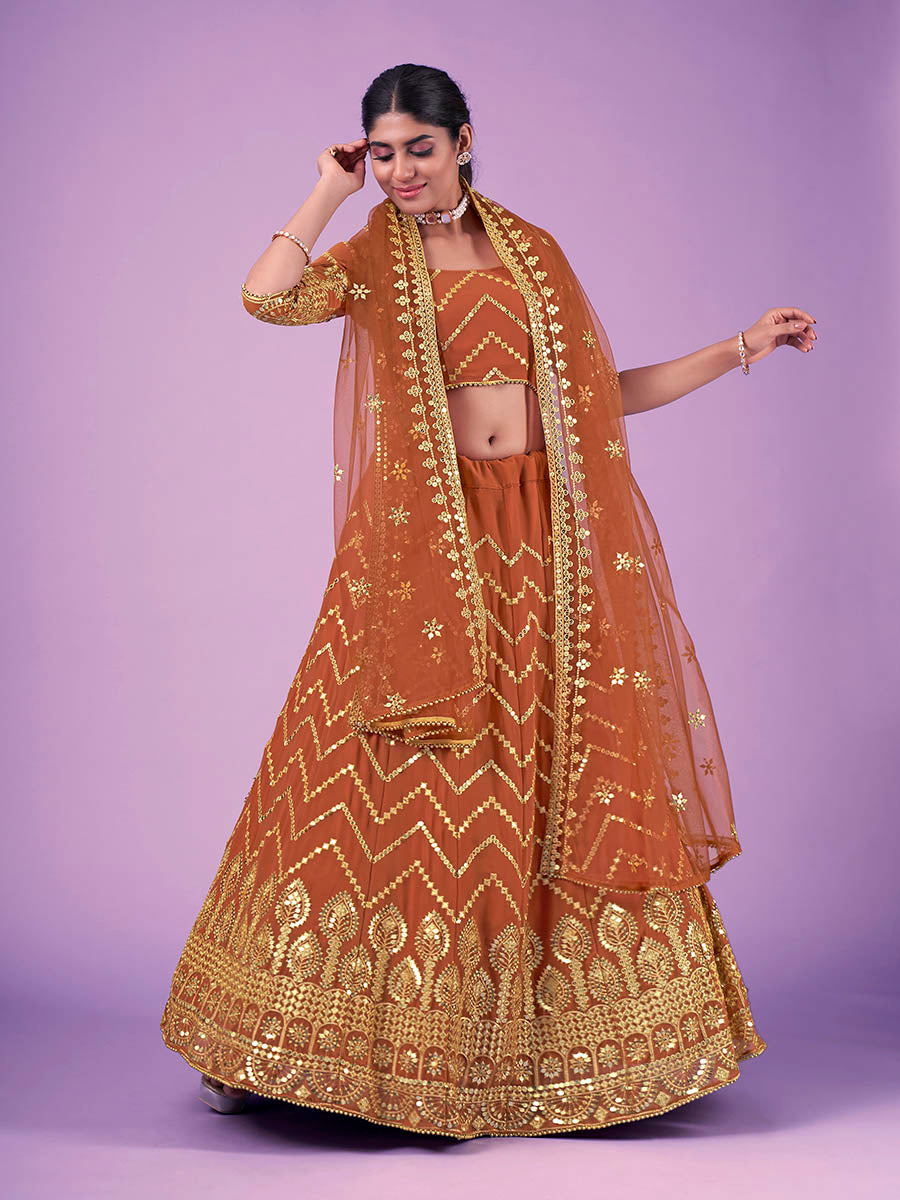 Myra Orange Georgette Embroidered Designer Lehenga