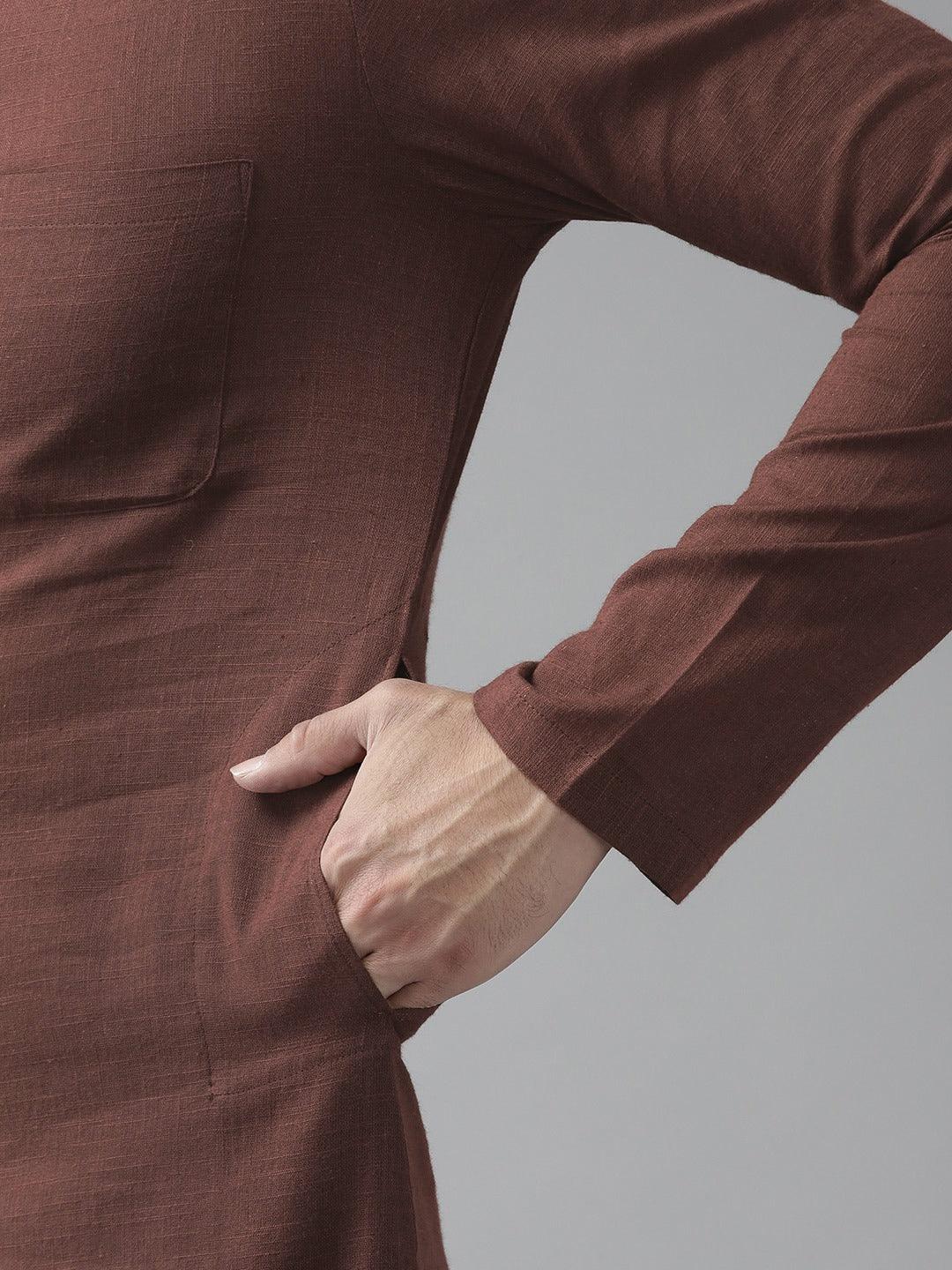 Fabmade Men Brown Cotton Linen Kurta