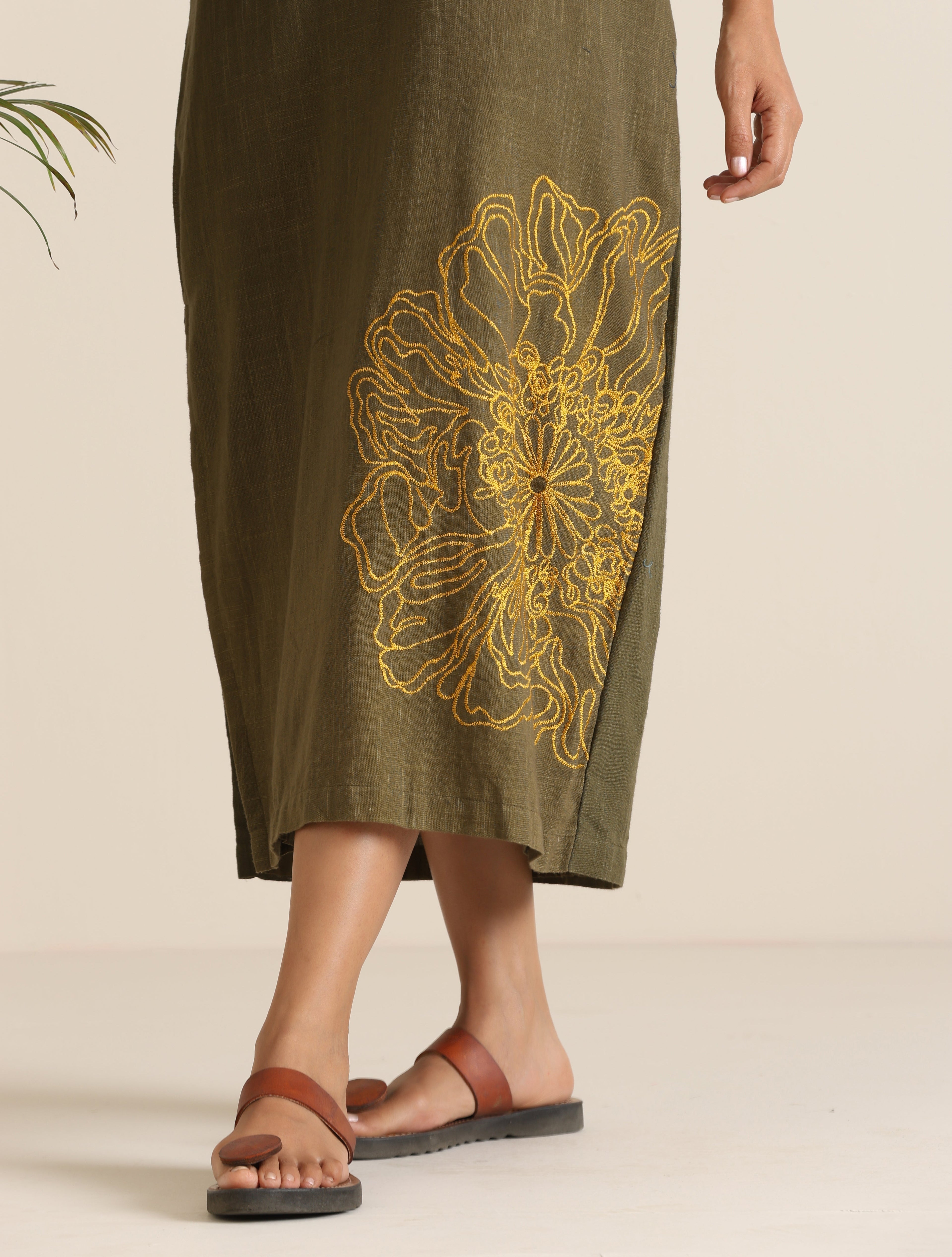 trueBrowns Olive Cotton Embroidered Dress - Distacart