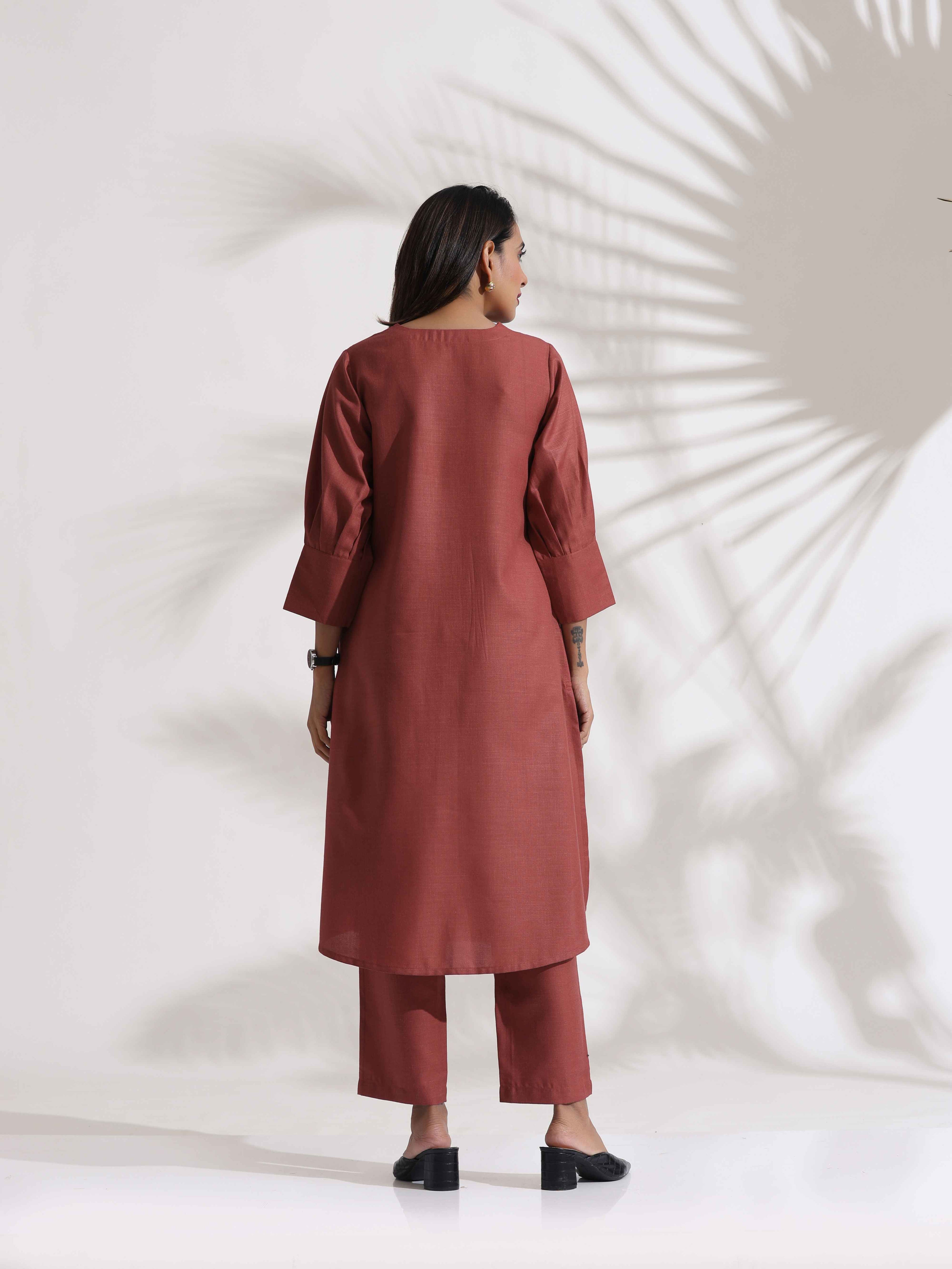 trueBrowns Pink Slub Kurta Set - Distacart