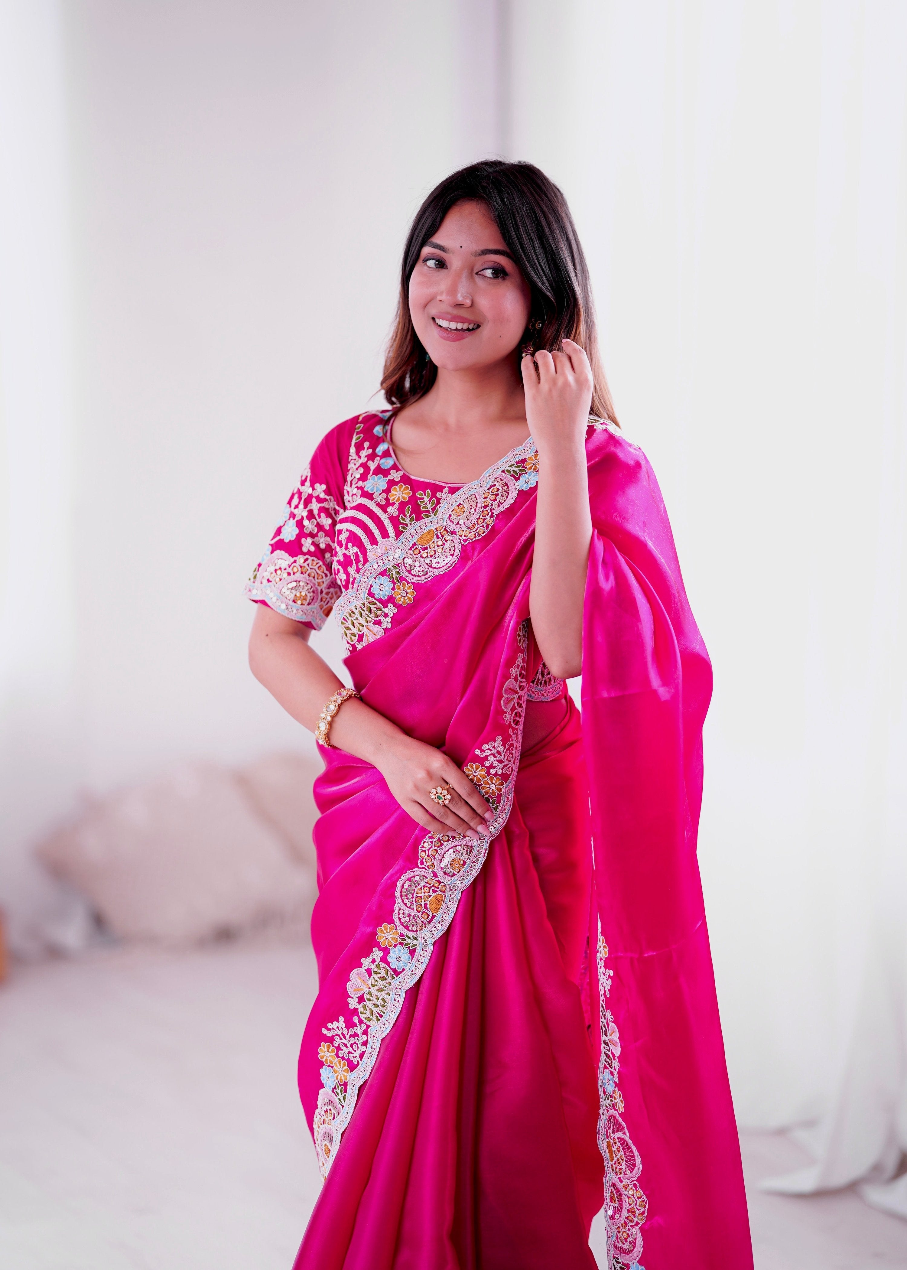 Lorenvalley Fashion Magenta Jimmy Choo with Embroidery Threads Codding & Sequins Work Saree with Blouse - Distacart