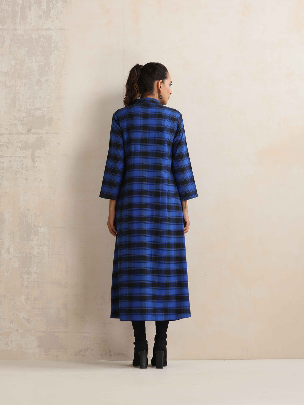 trueBrowns Blue Check Flared Winter Dress - Distacart