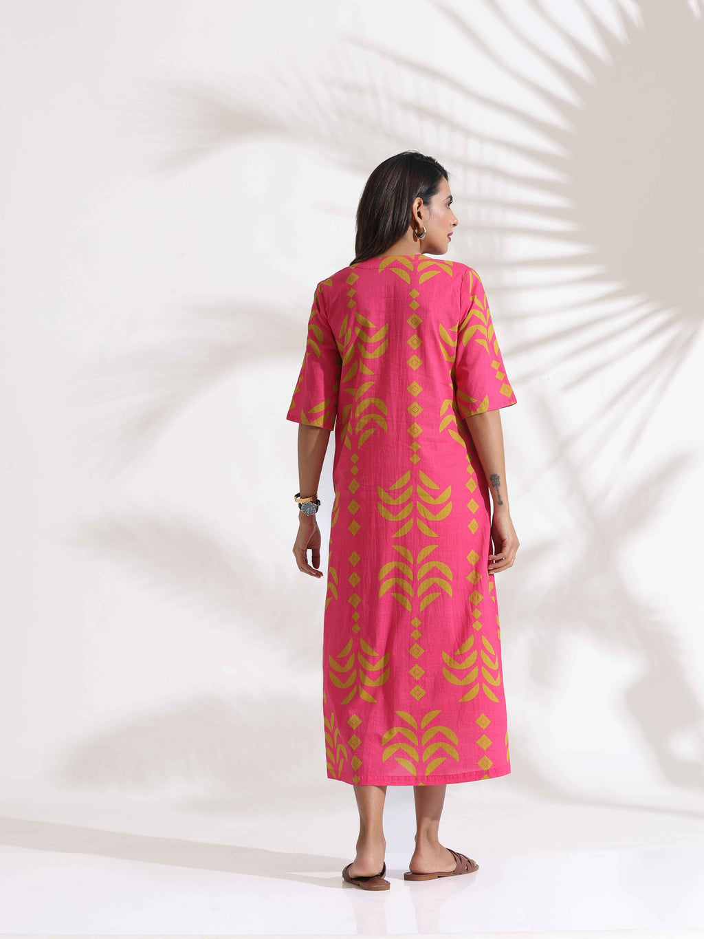trueBrowns Pink Cotton Print pleated Dress - Distacart