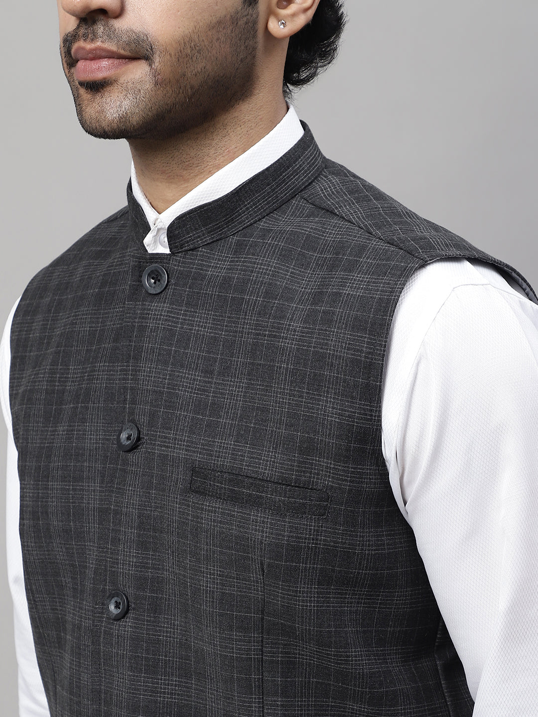 Even Apparels Men's Grey Nehru Jacket With Welt Pockets