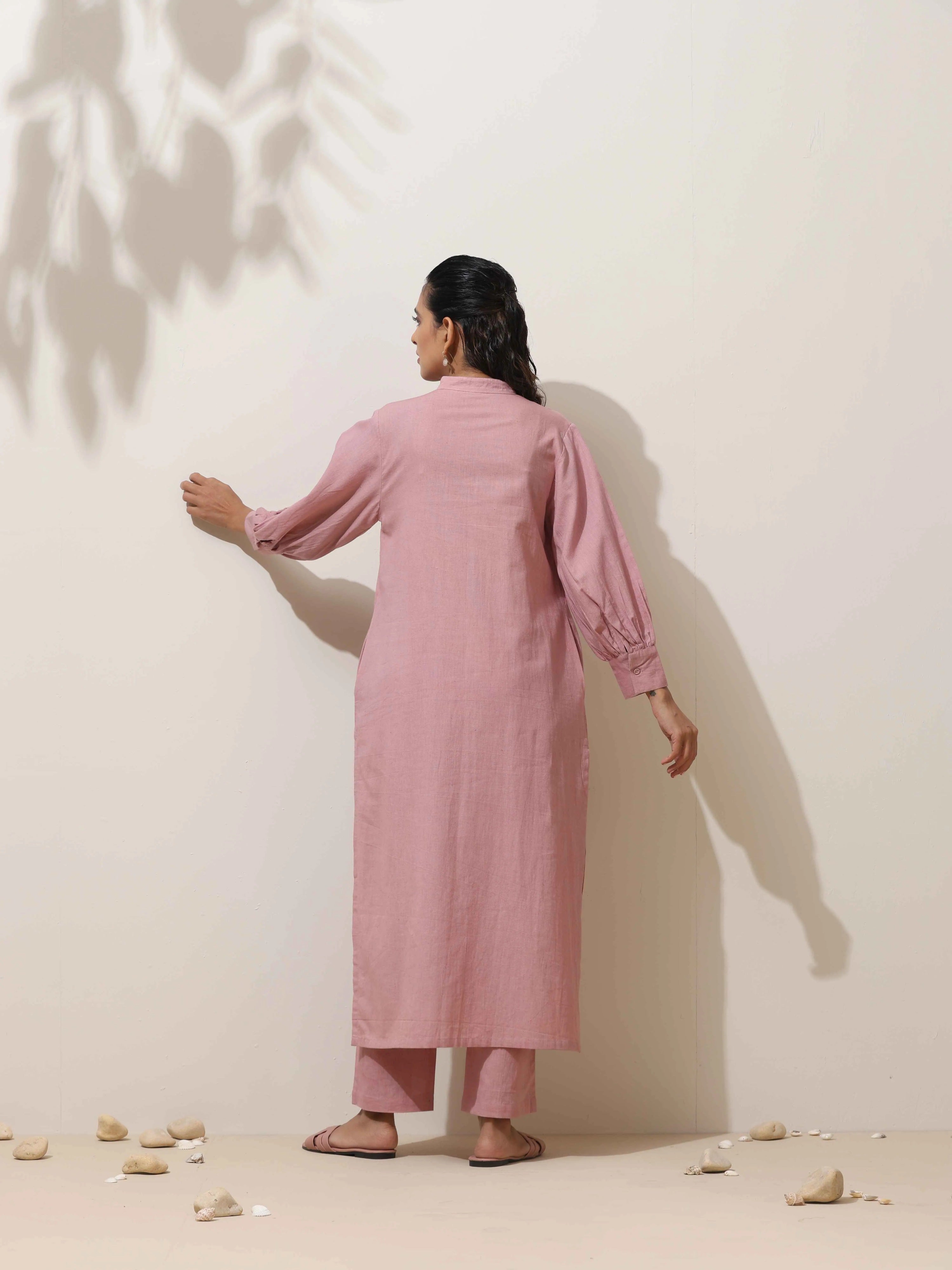 trueBrowns Pink Cotton Linen Kurta Pant Set - Distacart