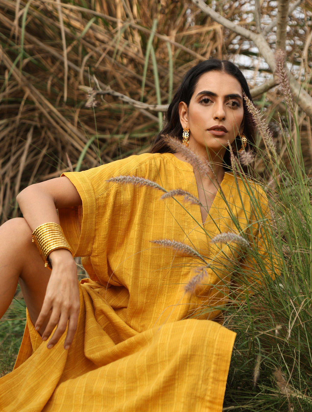 trueBrowns Mustard Cotton Dobby Oversized Dress - Distacart