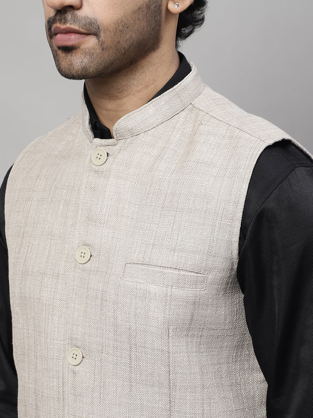 Even Apparels Men's Beige Nehru Jacket With Welt Pockets