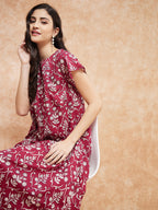 InWeave Women's Wine Cream Floral Print A Line Dress - Distacart