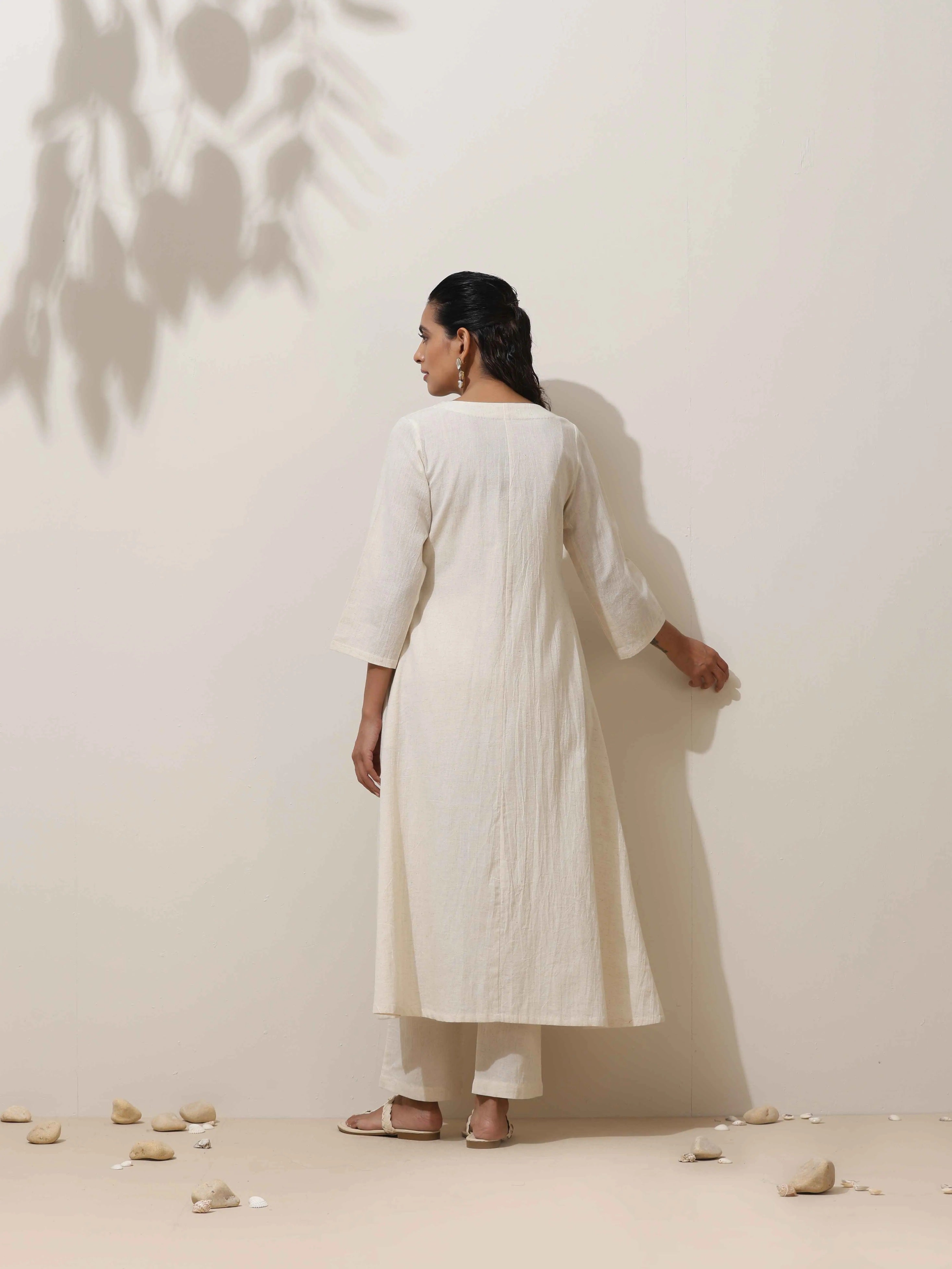 trueBrowns Off White Cotton Linen Angrakha Kurta Pant Set - Distacart