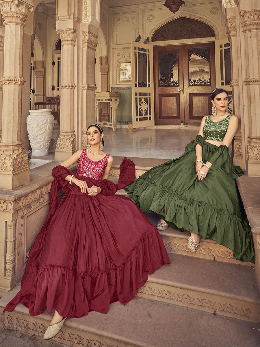 Myra Olive Chinon & Art SIlk Embroidered Designer Lehenga Choli