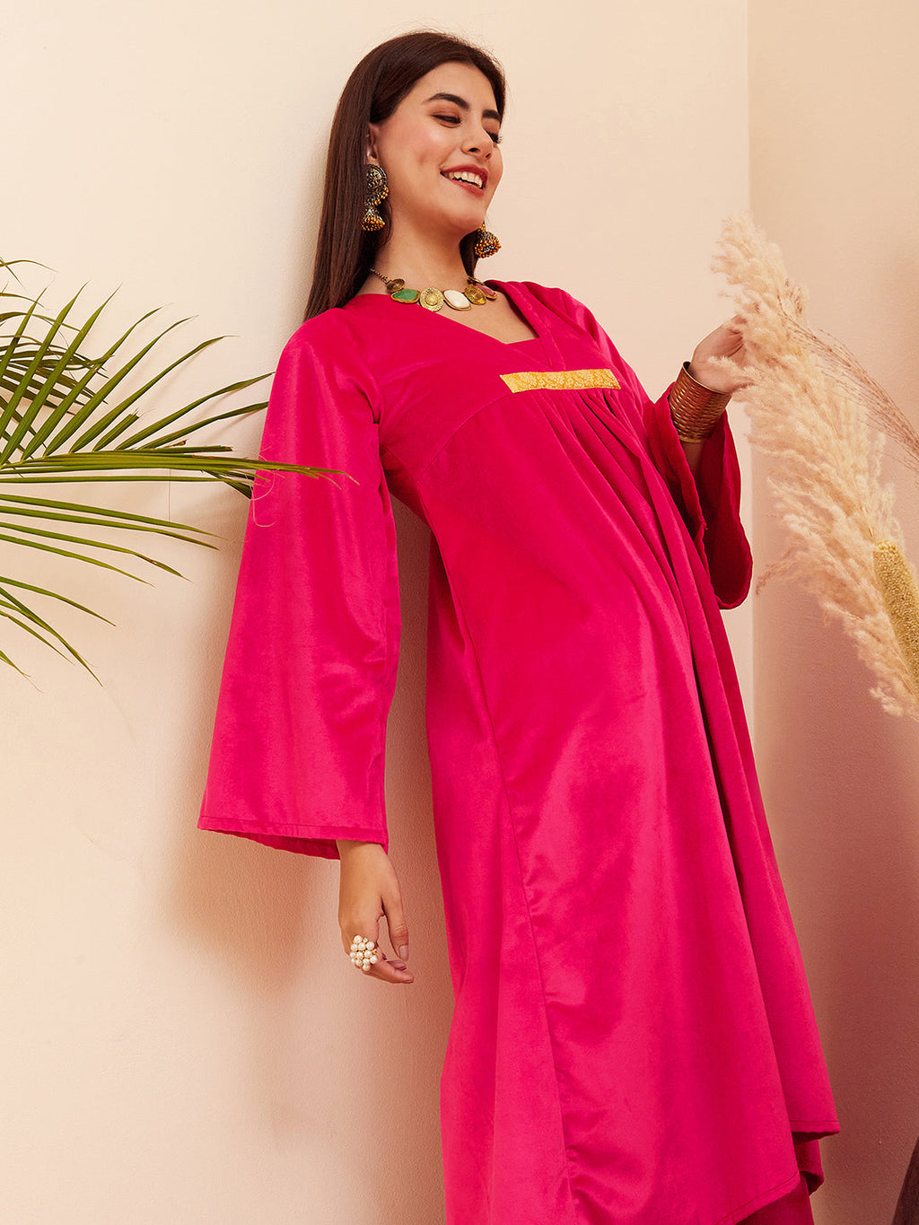 InWeave Women's Magenta V Neck Asymmetrical Pleated Velvet Kurta Set