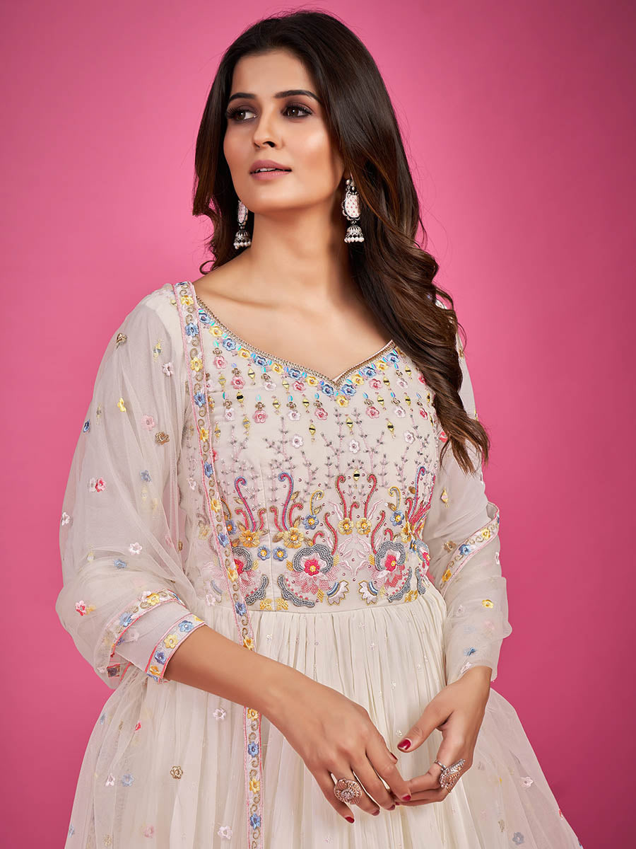 Myra White Pure Georgette Embroidered Gown - Distacart