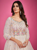 Myra White Pure Georgette Embroidered Gown - Distacart