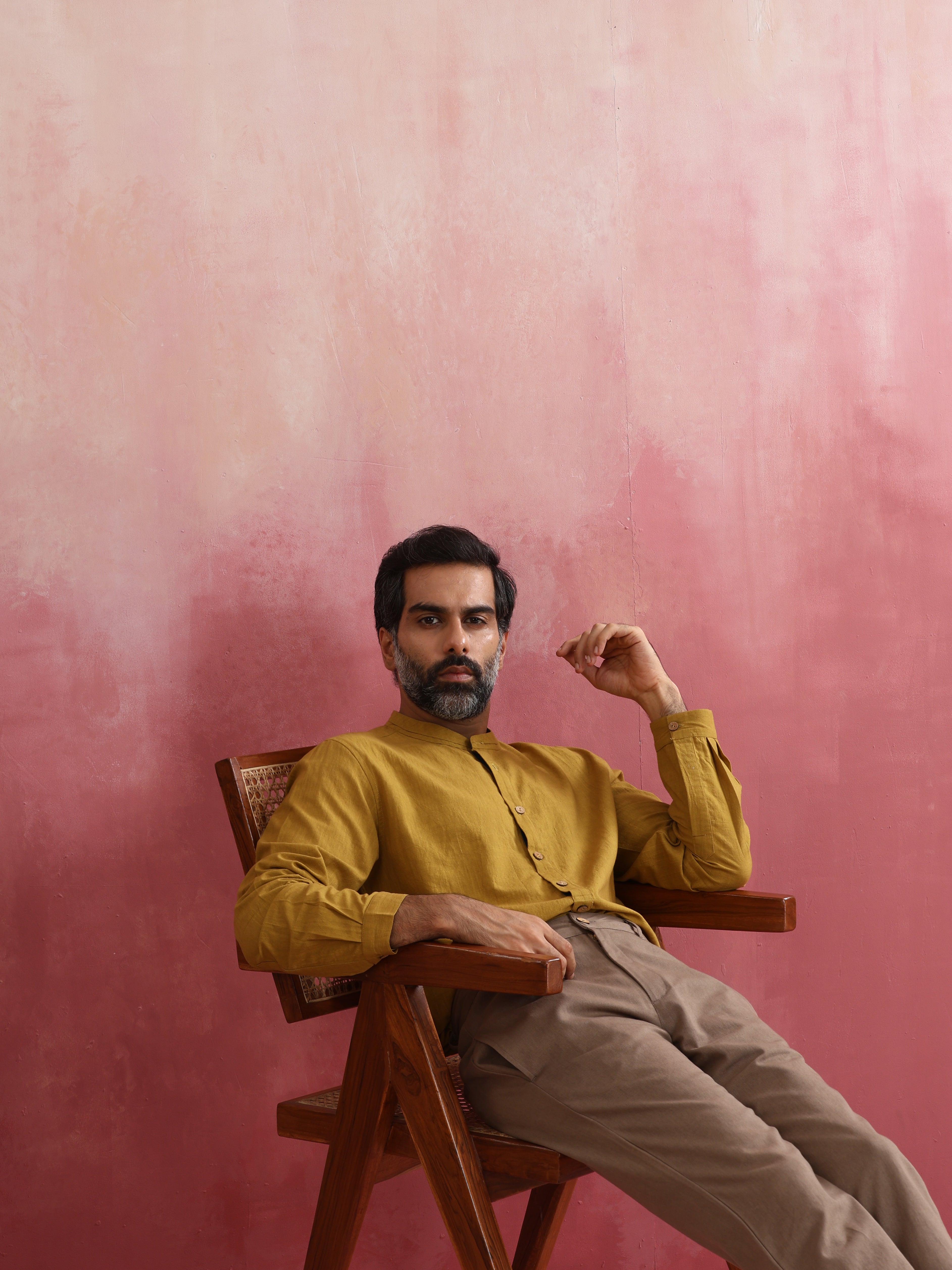 trueBrowns Men's Mustard Cotton Mandarin Collar Stylized Kurta