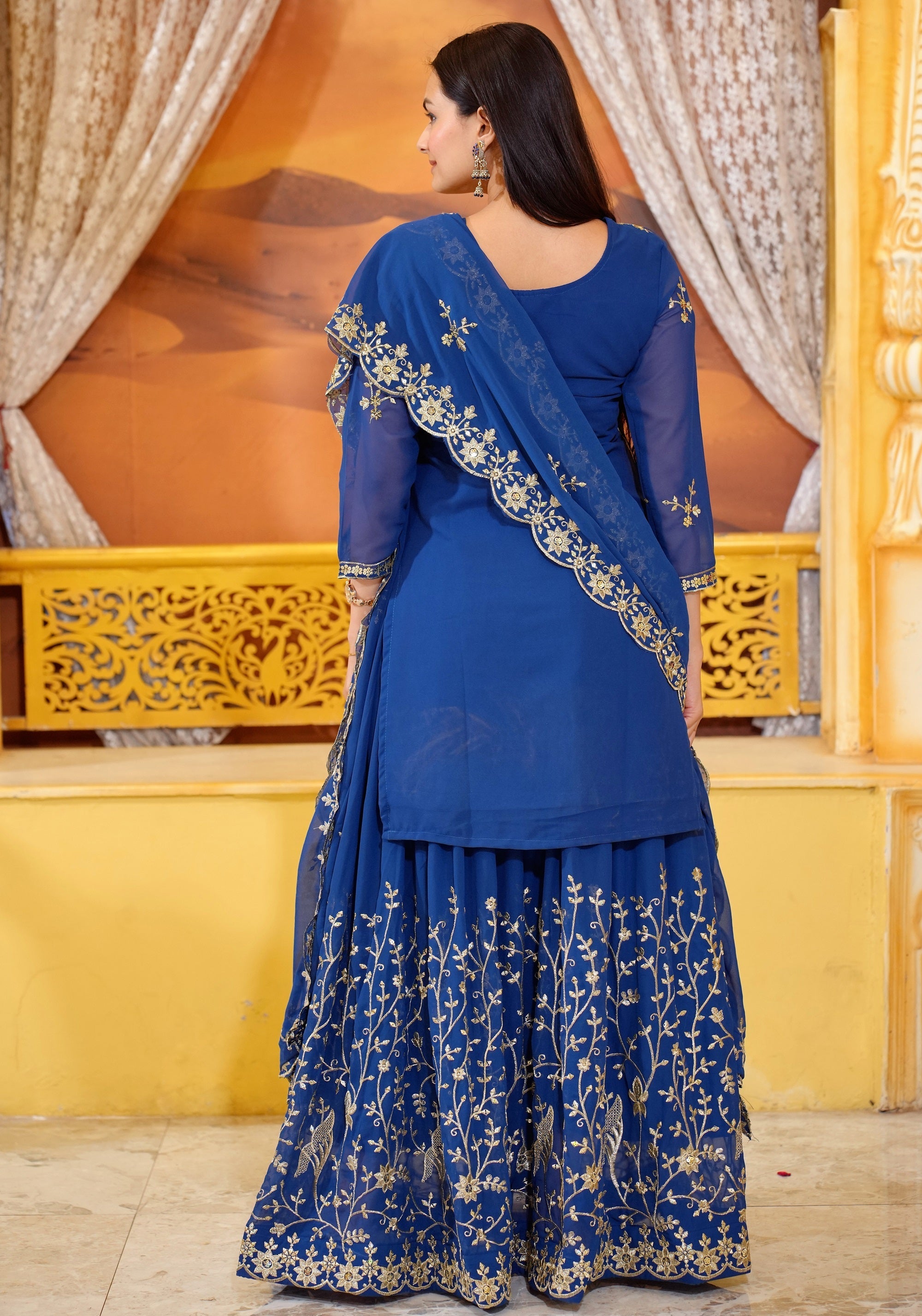 Teeya Creation Blue Color Georgette Heavy Embroidery Work Fully Stitched Lehenga Suit Set