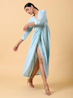 trueBrowns Cotton Linen Light Blue Wrap Dress - Distacart