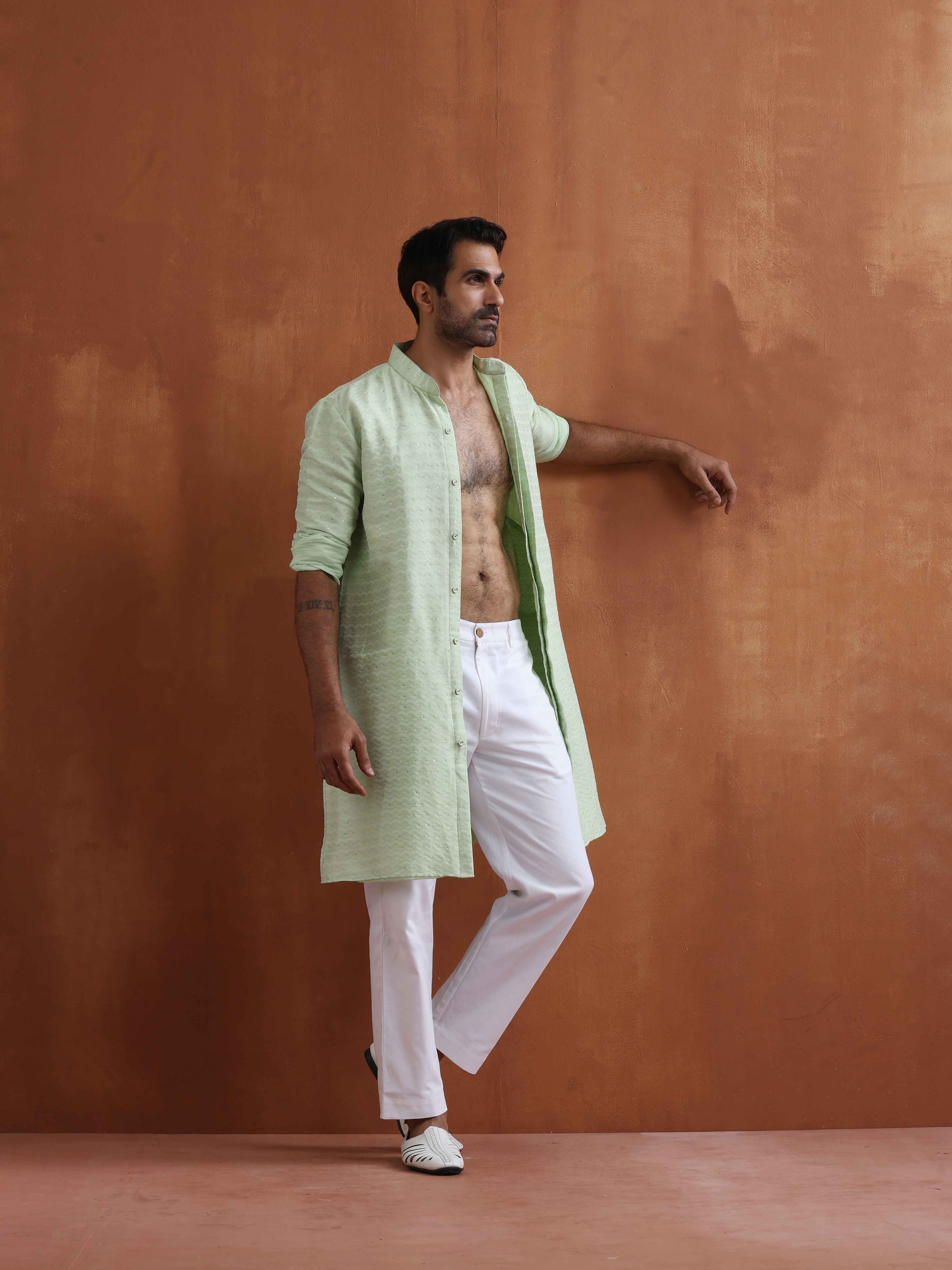 trueBrowns Men's Green Sequin Chanderi Kurta