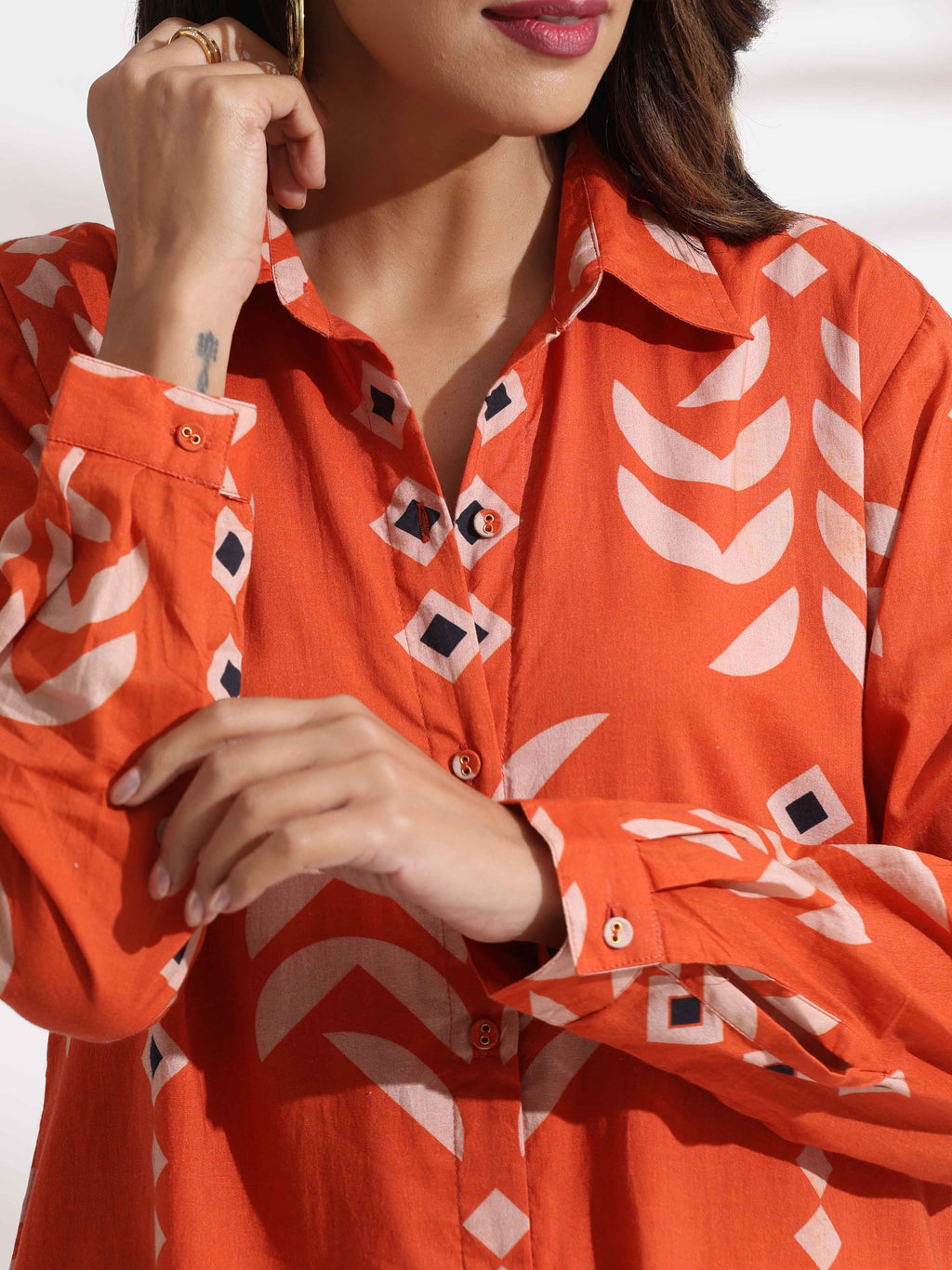 trueBrowns Orange Cotton Print Shirt Dress - Distacart