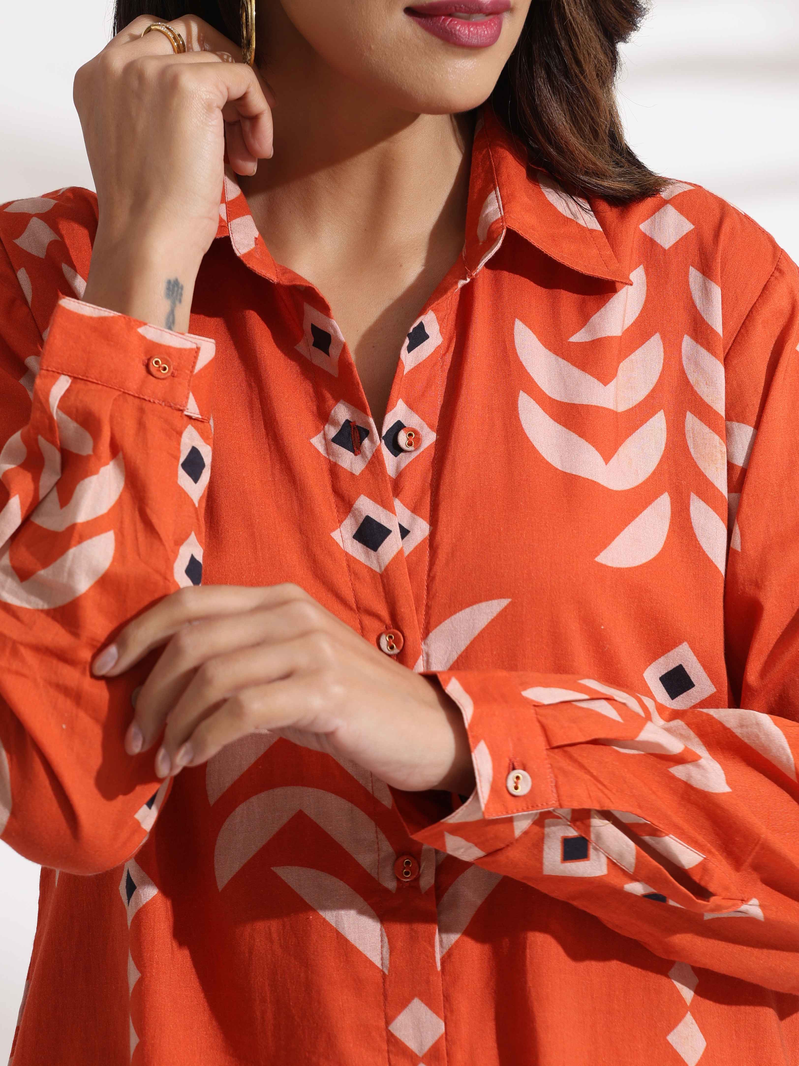 trueBrowns Orange Cotton Print Shirt Dress - Distacart