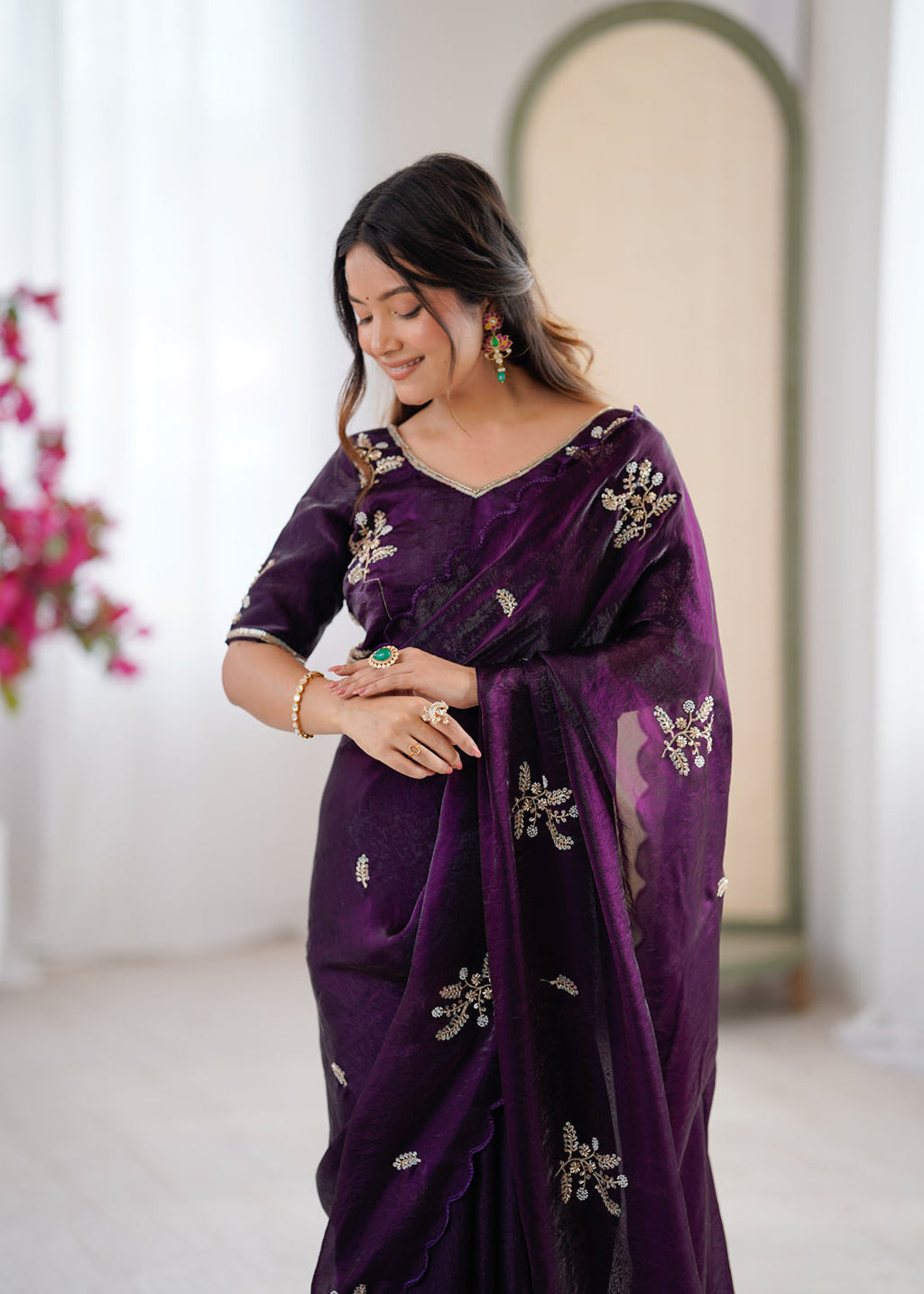 Evanik Designer Heavy Fendy Satin With Beads Embroidered Work Saree With Unstitched Blouse - Distacart
