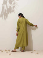 trueBrowns Pear Green Cotton Linen Kurta Pant Set - Distacart