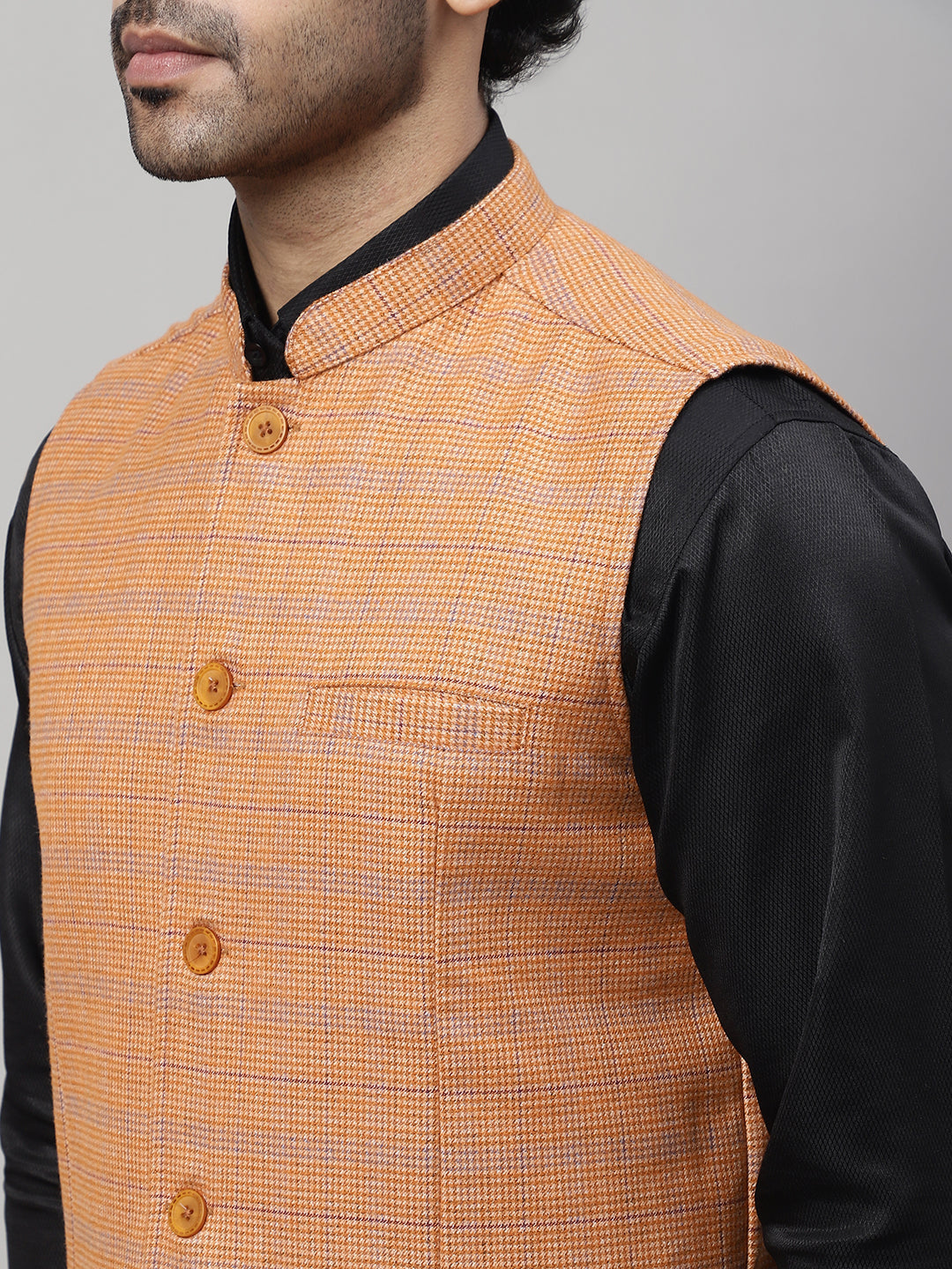Even Apparels Men's Orange Nehru Jacket With Welt Pockets