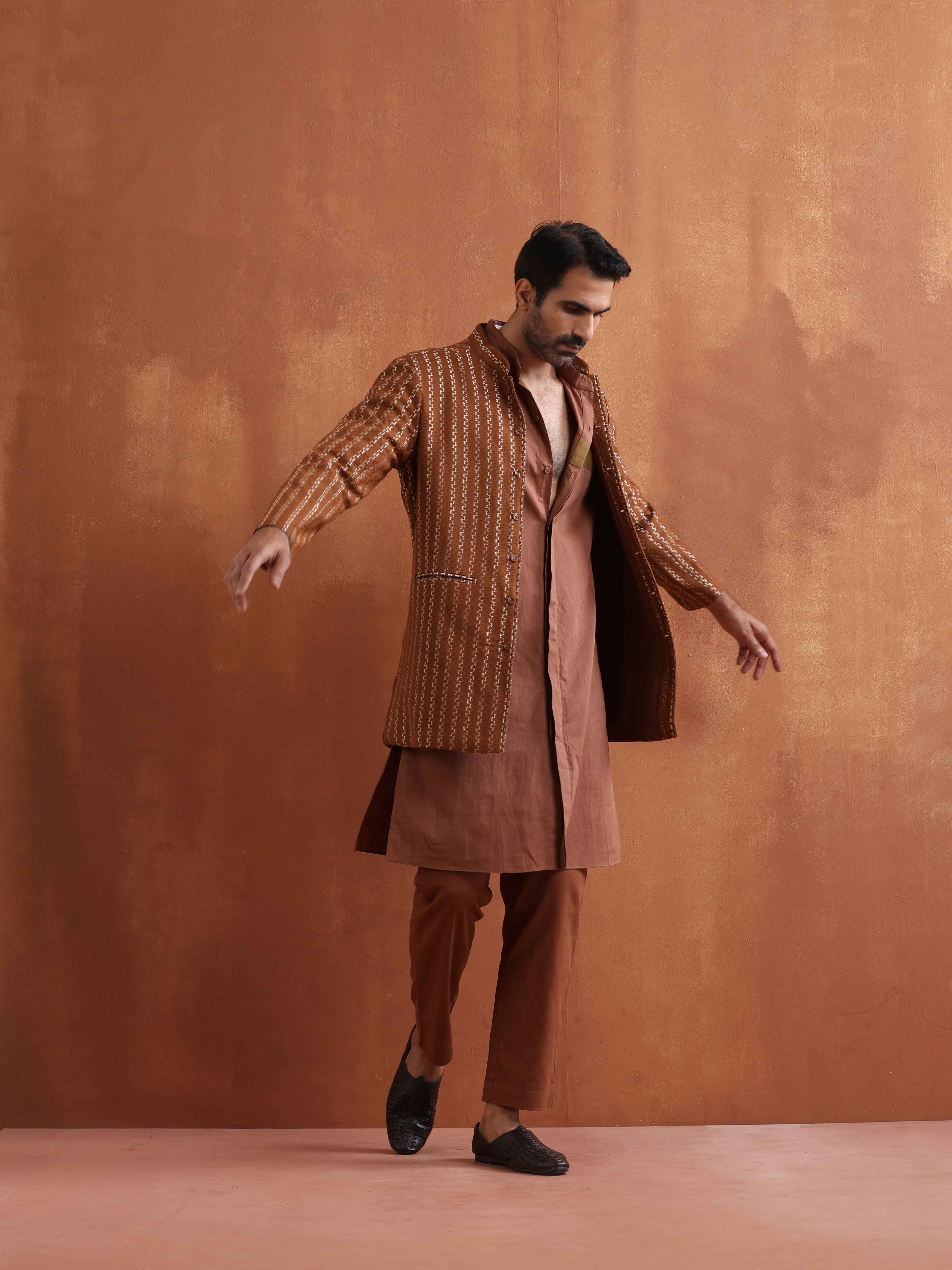 trueBrowns Men's Brown Cotton Front Open Kurta
