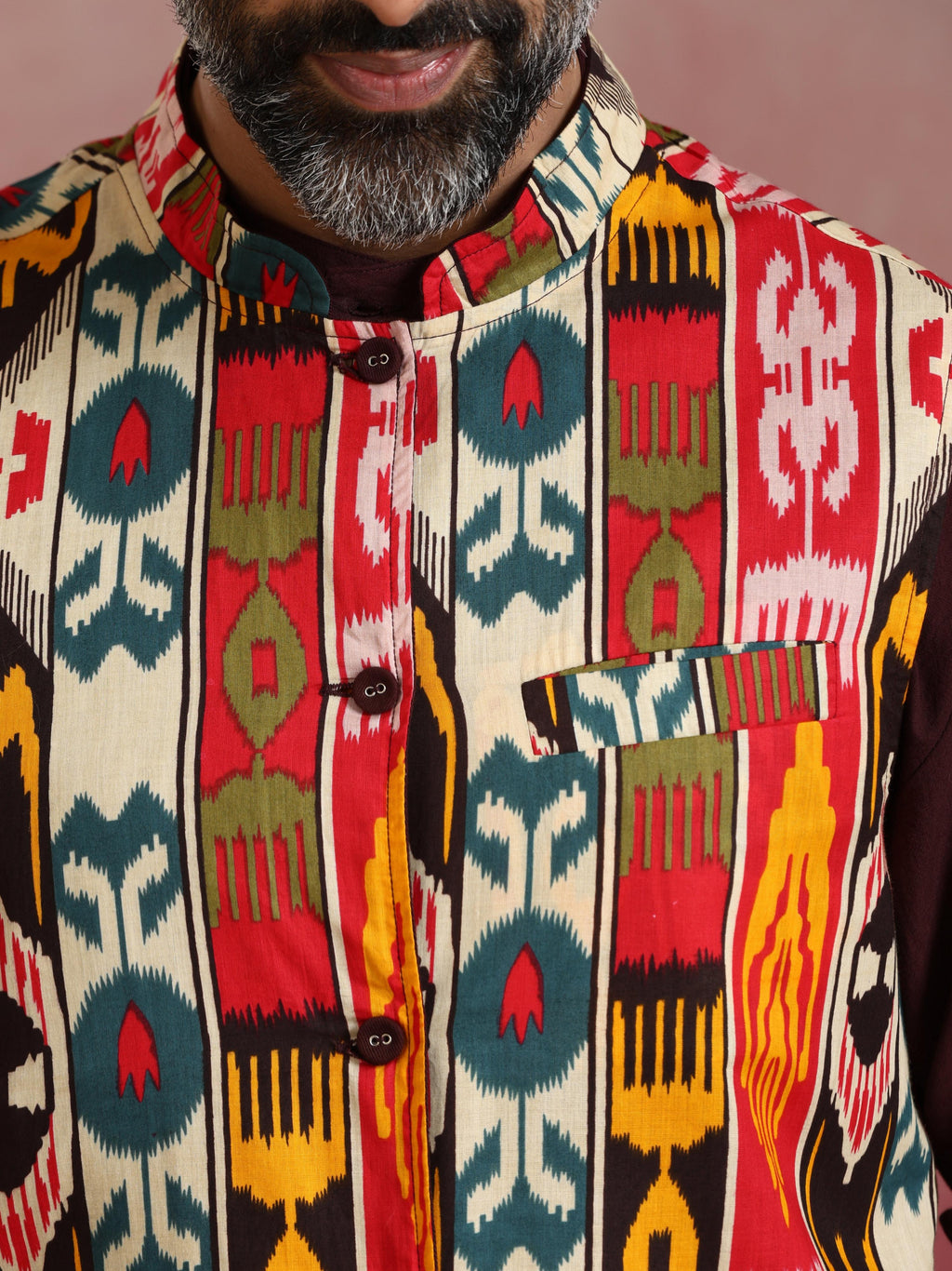 trueBrowns Men's Cola Ikat Print Cotton Reversible Nehru Jacket
