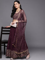 Indian Clothing Ahalyaa Purple & Gold-Toned Printed Sequinned Foil Print Ready to Wear Lehenga & Blouse With Dupatta