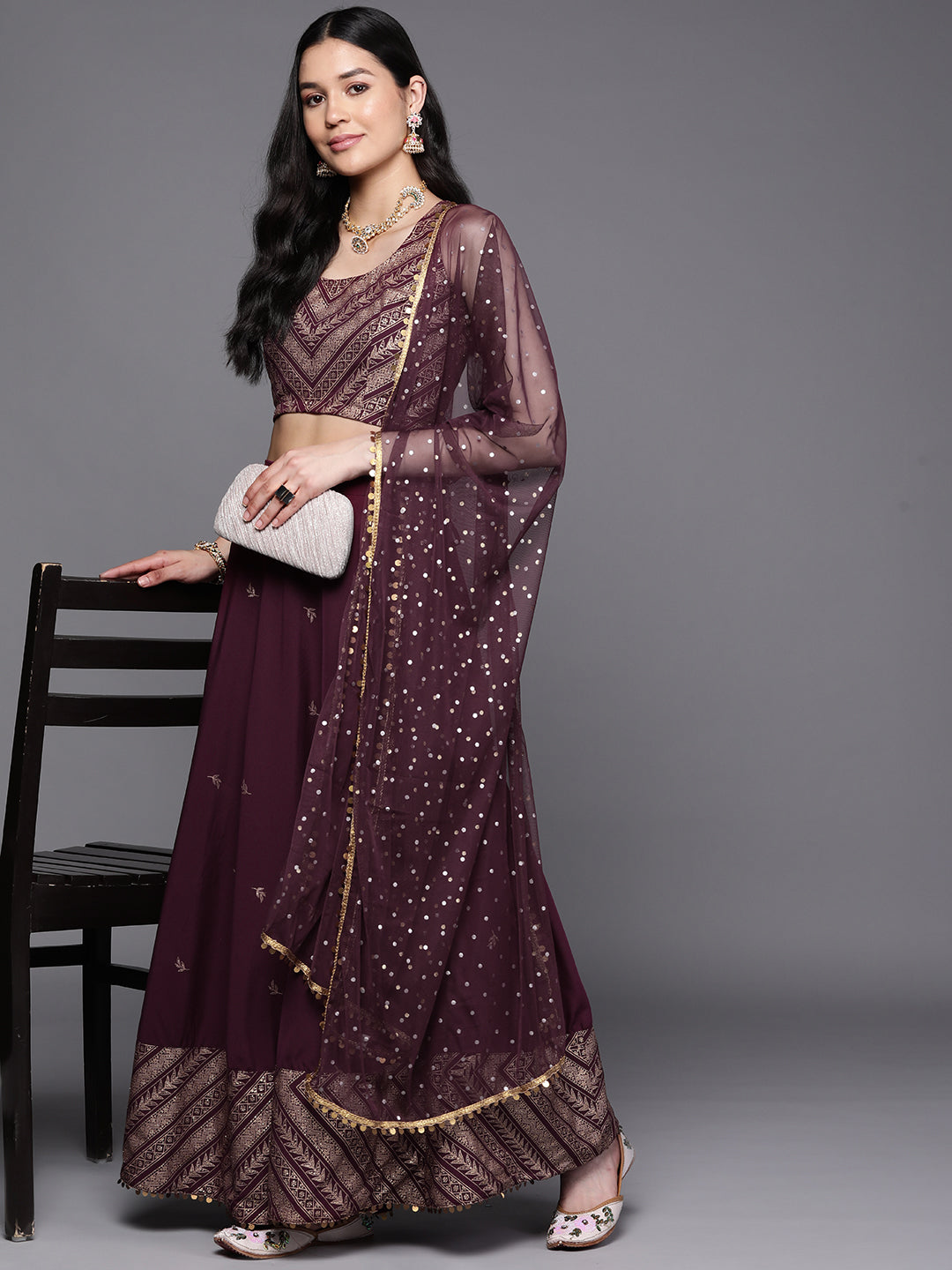 Indian Clothing Ahalyaa Purple & Gold-Toned Printed Sequinned Foil Print Ready to Wear Lehenga & Blouse With Dupatta