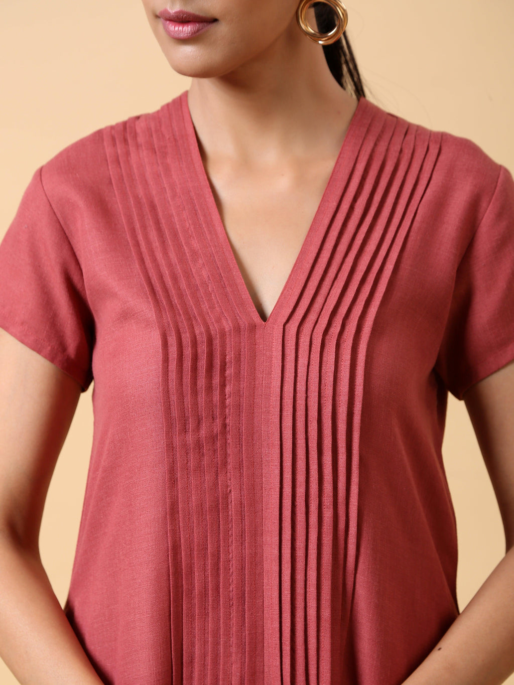 trueBrowns Cotton Linen Rust Red Pleated Dress - Distacart