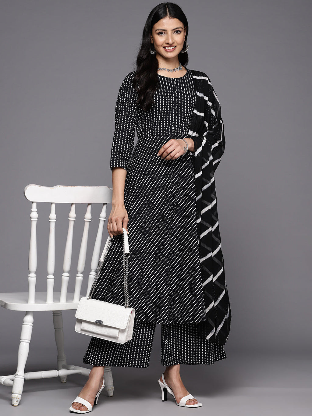 KSUT (House of Varanga) Black And White Cotton Printed Anarkali Kurta Paired With Palazzo And Chiffon Dupatta - Distacart