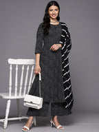 KSUT (House of Varanga) Black And White Cotton Printed Anarkali Kurta Paired With Palazzo And Chiffon Dupatta - Distacart