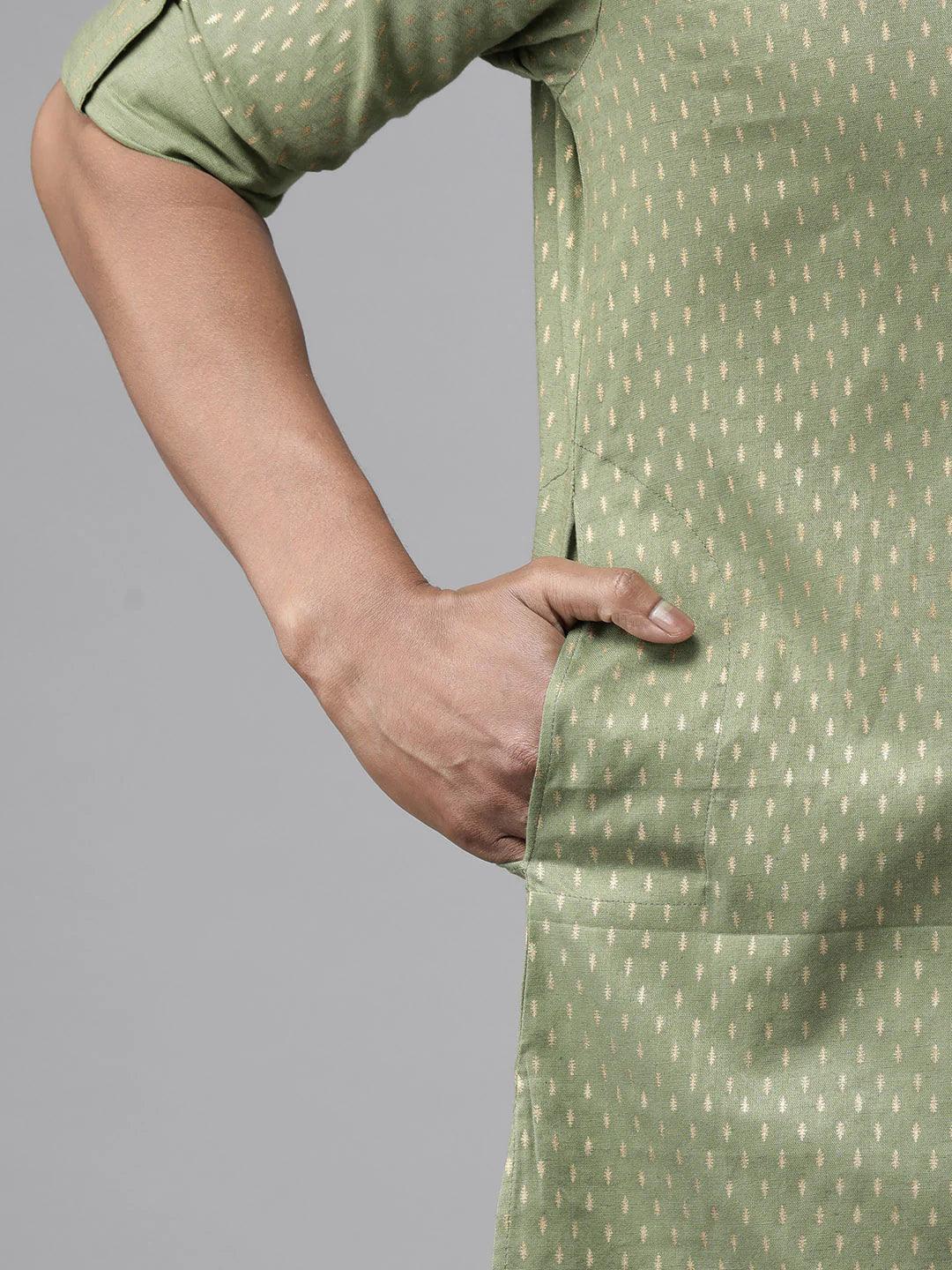 Fabmade Pure Cotton Olive Green Printed Pathani Kurta