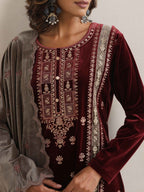 trueBrowns Maroon Velvet Embroidered Kurta Pant Dupatta Set - Distacart