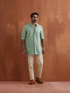 trueBrowns Men's Green Cotton Dobby Front Open Short Kurta