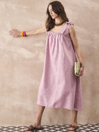 InWeave Dull Pink Linen Round Pleat Bow Dress - Distacart