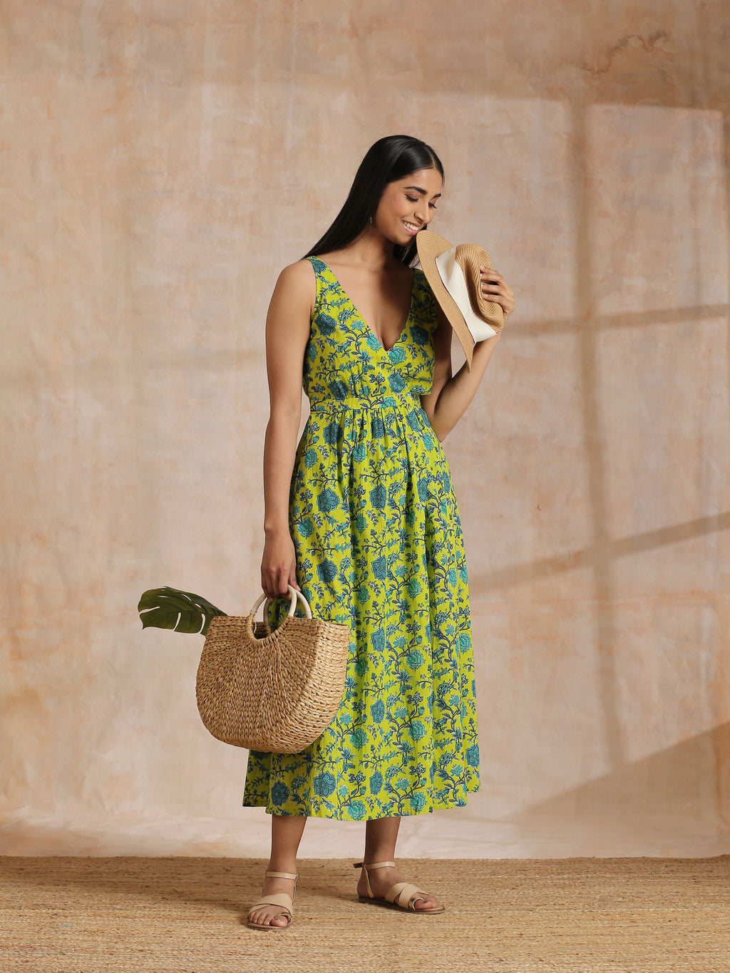 trueBrowns Lime Green Overall Teal Floral Block Print Cotton Sleeveless Wrap Dress - Distacart