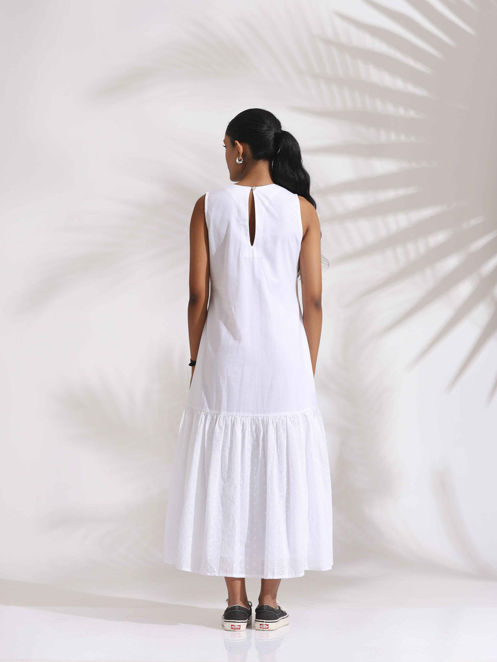 trueBrowns White Cotton Schiffli Tier Dress - Distacart