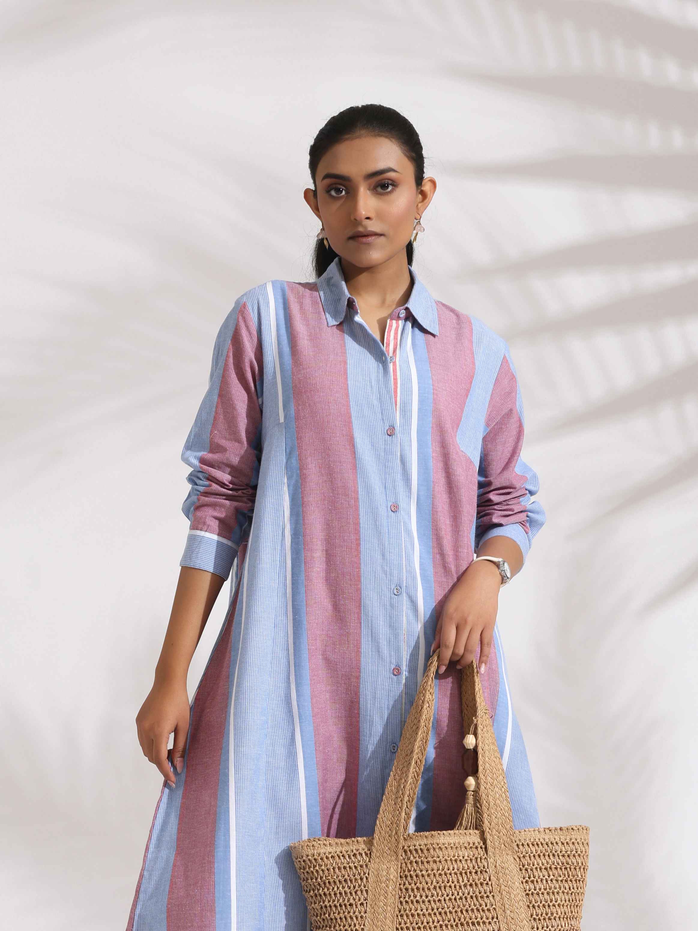 trueBrowns Blue Cotton Stripe Flared Shirt Dress - Distacart