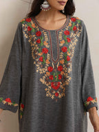 trueBrowns Grey Kashmiri Embroidered Woollen Phiran Kurta - Distacart