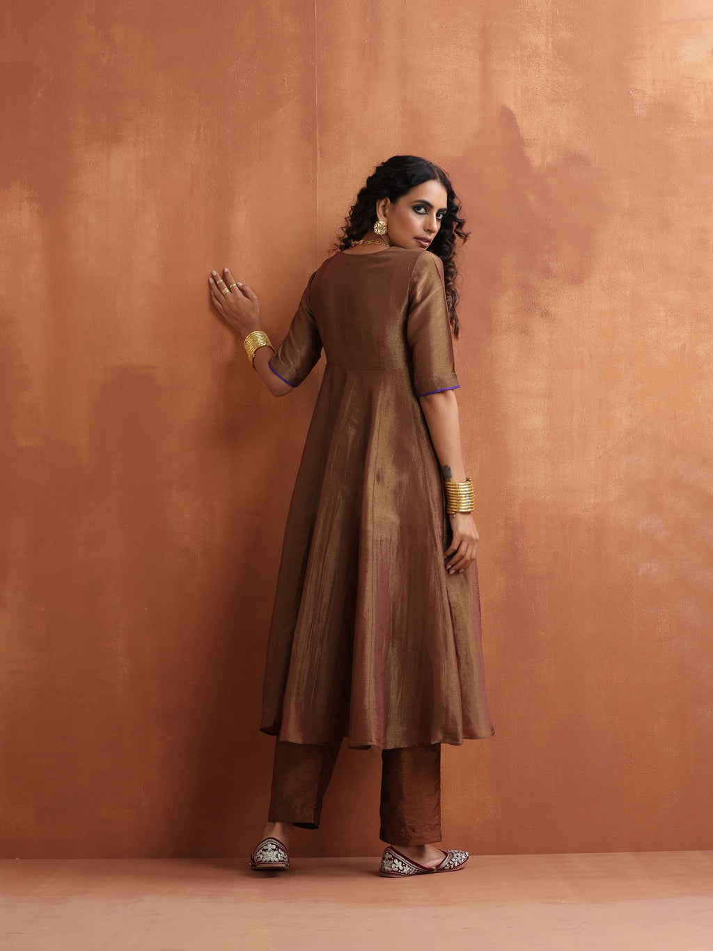 trueBrowns Bronze Tissue Flared Anarkali Kurta Set - Distacart