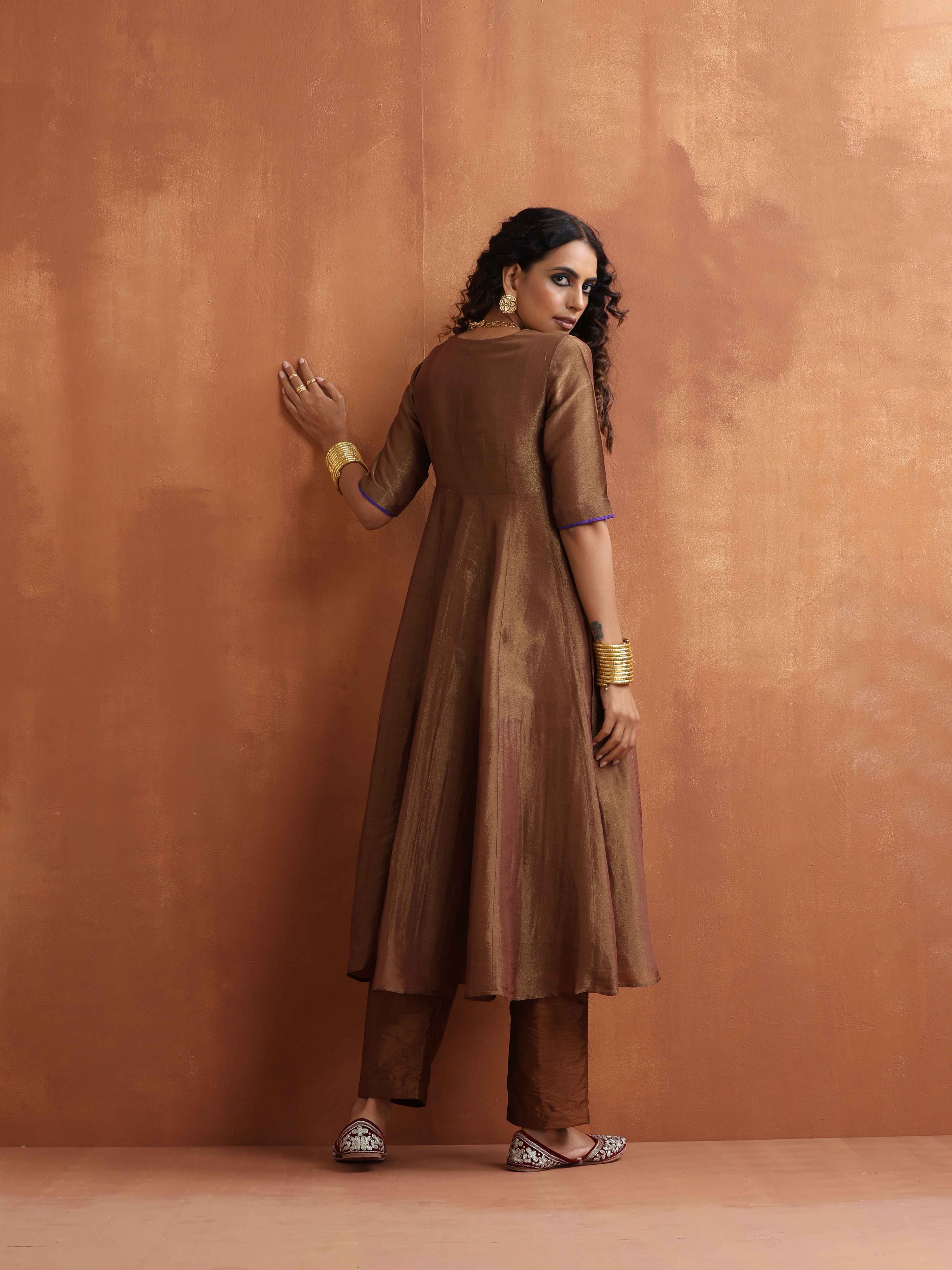 trueBrowns Bronze Tissue Flared Anarkali Kurta Set - Distacart