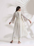 trueBrowns Off-White Cotton Floral Embroidered Flared Kurta Set - Distacart