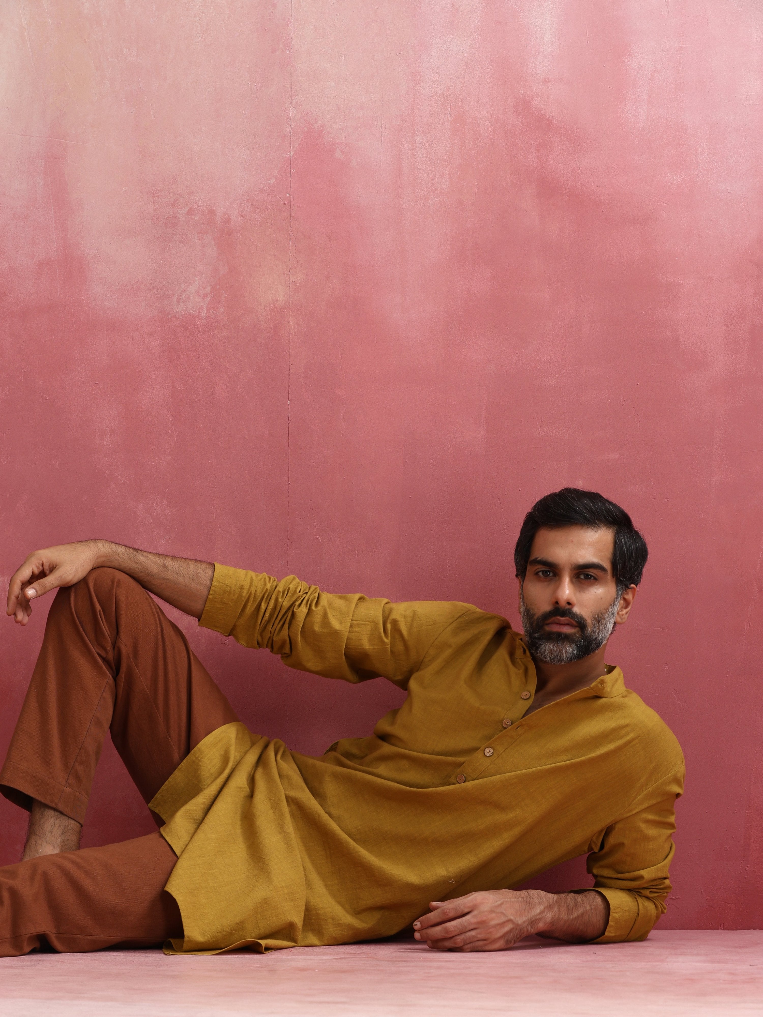 trueBrowns Men's Mustard Mandarin Collar Kurta