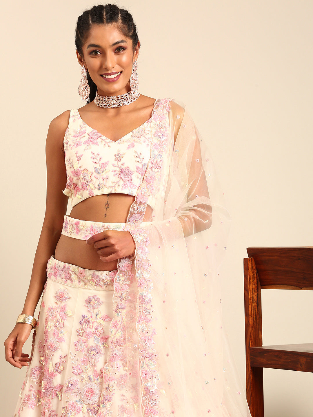 House of Panchhi Cream Net Sequins with heavy Zarkan embroidery Lehenga choli & Dupatta