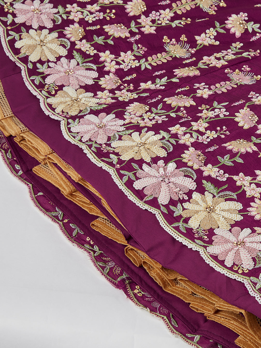 House of Panchhi Burgundy Pure Georgette Sequins And Thread Embroidery Lehenga Choli & Dupatta